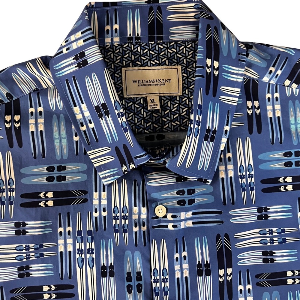 Williams & Kent Mens XL Blue Ski Print Short Sleeve Cotton Button Down‎ Shirt